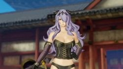 Rule 34 | 10s, 1girl, 3d, animated, animated gif, bare shoulders, black gloves, black panties, boots, bouncing breasts, breasts, camilla (fire emblem), cleavage, corset, covering one eye, elbow gloves, english text, female focus, fire emblem, fire emblem fates, fire emblem warriors, gloves, hair over one eye, hand on own hip, headpiece, intelligent systems, jiggle, large breasts, long hair, looking at viewer, midriff, navel, nintendo, outdoors, panties, pov, purple hair, red eyes, solo, standing, subtitled, talking, underwear, walking