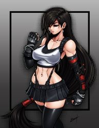Rule 34 | 1girl, abs, absurdres, arm guards, armpits, black hair, black skirt, black thighhighs, breasts, clenched hand, collarbone, covered erect nipples, crop top, earrings, elbow gloves, final fantasy, final fantasy vii, final fantasy vii remake, fingerless gloves, gloves, highres, jewelry, karosu maker, long hair, looking down, low-tied long hair, navel, pleated skirt, red eyes, skirt, solo, square enix, stomach, suspenders, tank top, thighhighs, tifa lockhart, toned, undershirt