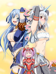 Rule 34 | 3girls, :d, ^ ^, armor, armpits, arms up, azure (armor), bandeau, belt, blush, breasts, brooch, capcom, cleavage, closed eyes, dress, gem, hermitaur (armor), highres, horns, jewelry, kirin (armor), large breasts, looking at viewer, midriff, monster hunter (series), multiple girls, mun, no bra, open mouth, red dress, round teeth, shoulder pads, simple background, single horn, skirt, smile, suspender skirt, suspenders, suspenders pull, teeth, underboob, yellow background