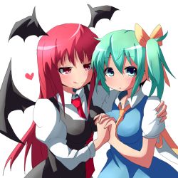 Rule 34 | 2girls, :&lt;, :q, ascot, bat wings, blue dress, blush, breasts, daiyousei, dress, dress shirt, fairy wings, female focus, green eyes, green hair, hair ribbon, head wings, heart, highres, holding hands, hug, impossible clothes, impossible dress, interlocked fingers, koakuma, kuromu (underporno), large breasts, long hair, long sleeves, multiple girls, naughty face, necktie, open mouth, puffy sleeves, red eyes, red hair, red necktie, ribbon, shirt, short hair, short sleeves, side ponytail, simple background, sweat, tongue, tongue out, touhou, very long hair, vest, white background, white shirt, wings, you gonna get raped, yuri