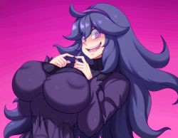 Rule 34 | 1girl, alternate breast size, bad id, bad pixiv id, blush, breasts, covered erect nipples, creatures (company), dress, game freak, hairband, hands on own chest, hex maniac (pokemon), jmg, large breasts, long hair, long sleeves, looking at viewer, nail polish, nintendo, nipples visible through clothes, npc trainer, pokemon, pokemon xy, purple background, purple dress, purple eyes, purple nails, simple background, smile, solo, symbol-shaped pupils, teeth, turtleneck, turtleneck dress, upper body, very long hair, wavy mouth