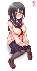 Rule 34 | 1girl, absurdres, alternate costume, alternate legwear, artist logo, black hair, black pantyhose, blue sailor collar, blue skirt, blush, breasts, brown footwear, cardigan, collarbone, collared shirt, dated, from above, full body, hair between eyes, highres, kanon (kurogane knights), kantai collection, large breasts, long sleeves, looking at viewer, looking up, no headwear, no headwear, pantyhose, pleated skirt, red eyes, red neckwear, sailor collar, school uniform, shirt, short hair, signature, simple background, sitting, skirt, solo, takao (kancolle), wavy mouth, white background, white shirt