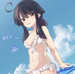 Rule 34 | 1girl, bare arms, bare shoulders, bikini, black hair, blue sky, blush, breasts, brown eyes, cloud, commentary request, day, frilled bikini, frills, hair between eyes, innertube, long hair, low ponytail, natsuki teru, navel, original, outdoors, parted lips, ponytail, shikibe ayaka, sidelocks, signature, sky, small breasts, solo, swim ring, swimsuit, translation request, wavy mouth, wet