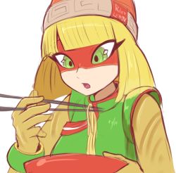 Rule 34 | 1girl, 2020, :o, arms (game), artist name, bangle, beanie, blunt bangs, bowl, bracelet, breasts, chopsticks, domino mask, eating, eyes visible through hair, food, green eyes, hand up, hat, highres, holding, holding bowl, holding chopsticks, jewelry, looking at object, looking away, mandarin collar, mask, min min (arms), multicolored clothes, multicolored hat, nintendo, noodles, ramen, rilex lenov, short hair, simple background, solo, super smash bros., white background
