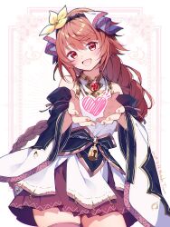 Rule 34 | 1girl, blush, border, braid, brooch, commentary, cowboy shot, dated, detached sleeves, dress, fenie (granblue fantasy), flower, granblue fantasy, hair flower, hair ornament, head tilt, heart, highres, jewelry, long hair, long sleeves, looking at viewer, mochiko tsuru, open mouth, orange eyes, orange hair, ornate border, outstretched hand, signature, simple background, smile, solo, very long hair, white background, white dress, wide sleeves, yellow flower