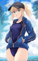 Rule 34 | 1girl, artoria pendragon (fate), baseball cap, blonde hair, blue jacket, blue one-piece swimsuit, breasts, competition swimsuit, covered navel, cross (crossryou), fate/grand order, fate (series), green eyes, hat, highres, hood, hoodie, jacket, looking at viewer, mysterious heroine x (fate), ocean, one-piece swimsuit, open mouth, ponytail, saber (fate), saber (summer battle clothes) (fate), solo, swimsuit, thighs