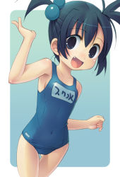Rule 34 | 1girl, armpits, bad id, bad pixiv id, black eyes, black hair, fang, flat chest, happy, kahama youko, name tag, one-piece swimsuit, original, school swimsuit, short hair, solo, swimsuit, thigh gap, thighs