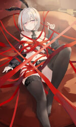 1girl absurdres animal_ears azur_lane black_bra black_panties black_sleeves black_thighhighs blush bra breasts closed_mouth detached_sleeves duisburg_(azur_lane) duisburg_(endurance_training_(gone_wrong))_(azur_lane) fake_animal_ears grey_hair highres huge_breasts lace lace-trimmed_bra lace-trimmed_panties lace-trimmed_thighhighs lace_trim lingerie looking_at_viewer lying multicolored_hair navel official_alternate_costume on_back panties purple_eyes rabbit_ears red_hair red_nails red_ribbon ribbon short_hair smile solo stomach streaked_hair suo_bu_ye_feng thighhighs thighs underwear variant_set