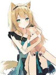 Rule 34 | 1girl, animal, animal ear fluff, animal ears, animal hug, arknights, blonde hair, blue dress, closed mouth, collarbone, commentary request, dog, dog ears, dog girl, dog tail, dress, dutch angle, frilled dress, frills, green eyes, highres, knees up, kokao358, long hair, looking at viewer, podenco (arknights), podenco (wake up from a nap) (arknights), simple background, sitting, sleeveless, sleeveless dress, solo, tail, white background
