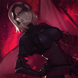 Rule 34 | 1girl, ahoge, armor, armored dress, banner, black capelet, black dress, blurry, breasts, capelet, chain, clenched teeth, depth of field, dress, dutch angle, fate/grand order, fate (series), from below, gauntlets, hair between eyes, hand on own hip, headpiece, jeanne d&#039;arc (fate), jeanne d&#039;arc alter (avenger) (fate), jeanne d&#039;arc alter (fate), large breasts, looking at viewer, md5 mismatch, motion blur, plackart, platinum blonde hair, resolution mismatch, revision, short hair, signature, solo, source larger, standing, sungwon, teeth, yellow eyes