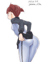 Rule 34 | 1girl, ass, blue jacket, blue pants, blue skirt, clothes lift, commentary, cowboy shot, dated, from behind, girls und panzer, jacket, keizoku military uniform, leaning forward, lifting own clothes, long sleeves, mikko (girls und panzer), military, military uniform, miniskirt, one-hour drawing challenge, pants, pantylines, pleated skirt, raglan sleeves, red eyes, red hair, short hair, short twintails, simple background, single vertical stripe, skirt, skirt lift, solo, standing, thighs, track jacket, track pants, twintails, twitter username, uniform, white background, yamano rita