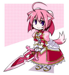 Rule 34 | 10s, 1girl, animal ears, armor, dog days, dog ears, dog girl, dog tail, kugelschreiber, millhiore f. biscotti, pink hair, purple eyes, short hair, sword, tail, weapon