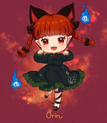 Rule 34 | 1girl, :3, :d, animal ears, blunt tresses, blush, bow, braid, cat ears, character name, chibi, dress, extra ears, fire, full body, green dress, hair bow, hitodama, iris anemone, kaenbyou rin, long sleeves, looking at viewer, open mouth, paw pose, pointy ears, red background, red eyes, red hair, simple background, skull, smile, solo, standing, standing on one leg, touhou, twin braids