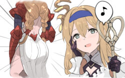 Rule 34 | 2girls, armor, ass, athena (granblue fantasy), backless dress, backless outfit, black gloves, blush, braid, breasts, brown hair, cleavage, cleavage cutout, clothing cutout, dress, emphasis lines, enyo (granblue fantasy), futon tataki, gloves, granblue fantasy, green eyes, hair between eyes, hairband, hand on own cheek, hand on own face, long hair, low twin braids, medium breasts, multiple girls, musical note, nos, open mouth, shoulder armor, side slit, smile, spoken musical note, twin braids, white background