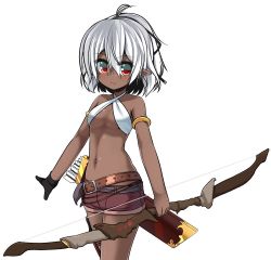Rule 34 | 1girl, armlet, arrow (projectile), bikini, bikini top only, bow (weapon), breasts, dark-skinned female, dark skin, gloves, halterneck, highres, holster, looking at viewer, medium breasts, mole, mole under eye, navel, original, pointy ears, quiver, red eyes, shirasu youichi, short hair, shorts, silver hair, simple background, solo, swimsuit, thigh holster, weapon