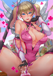 Rule 34 | 1girl, alternate hairstyle, bare shoulders, bastion (overwatch), between legs, blonde hair, blue eyes, blurry, blush, breasts, cleavage, convenient censoring, ctrlz77, depth of field, dress, halterneck, hand between legs, heart, highres, large breasts, long hair, looking at viewer, mechanical wings, mercy (overwatch), official alternate costume, open mouth, overwatch, overwatch 1, pink dress, pink mercy, robot, smile, solo, solo focus, spread legs, twintails, wings