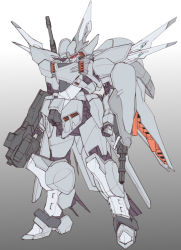 Rule 34 | absurdres, cgue, clenched hand, gradient background, gun, gundam, gundam seed, highres, holding, holding gun, holding weapon, mecha, mechanical wings, mobile suit, one-eyed, red eyes, robot, shield, solo, standing, weapon, wings, ztb0000