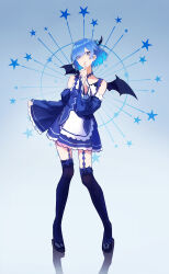 Rule 34 | 1girl, absurdres, adapted costume, asymmetrical bangs, bare shoulders, bat wings, black footwear, blue background, blue bow, blue dress, blue eyes, blue garter straps, blue hair, blue ribbon, blue theme, blue thighhighs, bow, closed mouth, detached sleeves, dress, finger to mouth, full body, gradient background, gradient hair, hair bow, hair over one eye, high heels, highres, horns, index finger raised, looking at viewer, mini wings, multicolored hair, parted bangs, re:zero kara hajimeru isekai seikatsu, reflection, rem (re:zero), ribbon, rnna, short dress, short hair, simple background, single horn, solo, star (symbol), thighhighs, wide sleeves, wings, zettai ryouiki