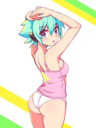 Rule 34 | 1girl, armpits, arms up, ass, azure striker gunvolt, bare shoulders, blue eyes, blush, breasts, cougar (cougar1404), from behind, green hair, looking at viewer, looking back, medium breasts, open mouth, panties, roro (gunvolt), shiny skin, short hair, sideboob, solo, tank top, underwear, underwear only, wedgie