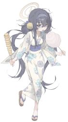Rule 34 | 1girl, absurdres, alternate costume, bags under eyes, black hair, blue archive, cotton candy, floral print, food, full body, hair between eyes, hairband, halo, highres, holding, holding food, japanese clothes, kimono, long hair, looking at viewer, obi, open mouth, print kimono, purple eyes, purple hairband, sandals, sash, simple background, solo, toes, ui (blue archive), white background, white kimono, yellow halo, yoru uyo, zouri