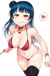 Rule 34 | 1girl, bell, bikini, black thighhighs, blue hair, bracelet, breasts, choker, cleavage, collar, collarbone, earrings, heart, highres, jewelry, large breasts, leash, licking lips, long hair, looking at viewer, love live!, love live! sunshine!!, naughty face, neck bell, skindentation, smile, solo, spoken heart, stomach, swimsuit, tem10, thick thighs, thighhighs, thighs, tongue, tongue out, tsushima yoshiko, white background