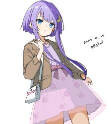 Rule 34 | 1girl, absurdres, bag, bigkwl, blazer, blue eyes, cowboy shot, crescent, crescent hair ornament, dated, dress, grey jacket, hair ornament, handbag, highres, jacket, kantai collection, official alternate costume, one-hour drawing challenge, purple dress, purple hair, short hair, short hair with long locks, simple background, solo, twitter username, white background, yayoi (kancolle)