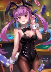 Rule 34 | 1girl, :d, animal ears, black pantyhose, blurry, blush, bow, bowtie, braid, breasts, casino, cleavage, colored inner hair, depth of field, detached collar, ginyasama, hololive, large breasts, leotard, minato aqua, multicolored hair, open mouth, pantyhose, playboy bunny, poker chip, purple eyes, purple hair, rabbit ears, rabbit tail, slot machine, smile, stool, tail, twintails, virtual youtuber, wrist cuffs
