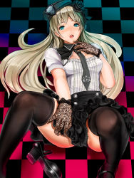 Rule 34 | 1girl, aqua eyes, between thighs, black gloves, black thighhighs, blonde hair, checkered floor, dendoumushi, floor, flower, gloves, hair flower, hair ornament, hat, knees up, lace, lace gloves, long hair, looking at viewer, lying, necktie, on back, open mouth, original, shoes, single shoe, solo, thighhighs, tongue, tongue out