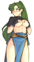 Rule 34 | 1girl, absurdres, bare legs, breasts, clothes lift, covered erect nipples, covering privates, covering breasts, earrings, embarrassed, fingerless gloves, fire emblem, fire emblem: the blazing blade, gloves, green eyes, green hair, highres, jewelry, large breasts, long hair, looking away, lyn (fire emblem), nintendo, pelvic curtain, ponytail, shirt lift, simple background, tridisart, white background