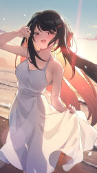 Rule 34 | 1girl, absurdres, arukiru, backlighting, bare arms, bare shoulders, beach, black hair, blush, breasts, cleavage, commentary, commission, dress, dutch angle, evening, feet out of frame, hair ornament, hairclip, highres, large breasts, long dress, looking at viewer, ocean, open mouth, original, outdoors, red eyes, skeb commission, skirt hold, sky, sleeveless, sleeveless dress, smile, solo, sundress, sunlight, sunset, water, white dress