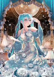 Rule 34 | 1girl, arm up, bare shoulders, blue eyes, blue hair, blue nails, breasts, commentary, commentary request, crystal, curtains, dress, english commentary, evillious nendaiki, flower, full moon, hair between eyes, hatsune miku, highres, holding, juliet sleeves, lampshade, long hair, long sleeves, looking at viewer, margarita blankenheim, medium breasts, miku symphony (vocaloid), mixed-language commentary, moon, nail polish, nemurase hime kara no okurimono (vocaloid), off-shoulder dress, off shoulder, official art, parted lips, petals, puffy sleeves, rose, solo, tassel, very long hair, vocaloid, white dress, white flower, white rose, wide sleeves, yuu (arcadia)