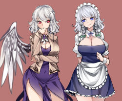 Rule 34 | 2girls, blue eyes, braid, breasts, brooch, brown background, cleavage, commentary, contrapposto, cowboy shot, dress, eyelashes, frills, highres, izayoi sakuya, jewelry, kishin sagume, large breasts, looking at another, maid headdress, multiple girls, puffy short sleeves, puffy sleeves, raptor7, red eyes, short sleeves, silver hair, simple background, single wing, touhou, twin braids, wings, wrist cuffs