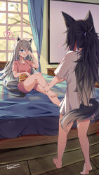 Rule 34 | 2girls, ?, absurdres, ahoge, animal ear fluff, animal ears, barefoot, bed, blush, braid, commentary request, earrings, fox ears, fox girl, fox tail, green eyes, hair between eyes, highres, holding another&#039;s leg, hololive, indoors, jewelry, long hair, looking at another, multiple girls, on bed, ookami mio, open mouth, pakun, ponytail, red shirt, rubbing eyes, shirakami fubuki, shirt, short sleeves, sidelocks, signature, single braid, spoken question mark, tail, virtual youtuber, white hair, white shirt, wolf ears, wolf girl, wolf tail