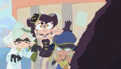 Rule 34 | + +, 1boy, 3girls, absurdres, agent 3 (splatoon), angry, animal, armpits, asymmetrical hair, bare arms, bare shoulders, bear, black hair, black jumpsuit, blue hat, bow-shaped hair, callie (splatoon), cel shading, choker, claw pose, clenched hands, collarbone, domino mask, dress, earrings, fighting stance, food, food on head, frown, gradient hair, grey pantyhose, half-closed eyes, hat, highres, idol, inkling, jacket, jewelry, jumpsuit, long eyelashes, long hair, mangedugruau, marie (splatoon), mask, mole, mole under eye, mr. grizz (splatoon), multicolored hair, multiple girls, narrow waist, nintendo, object on head, outstretched arms, pantyhose, parody, patchwork clothes, peaked cap, short hair, short jumpsuit, splatoon (series), splatoon 3, spread arms, squidbeak splatoon, staring, strapless, strapless dress, sushi, tentacle hair, thick eyebrows, turning red, very long hair, white hair, white jacket, yellow eyes