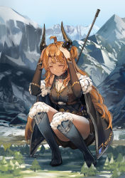 Rule 34 | 1girl, bad id, bad pixiv id, bangs pinned back, belt, blush, breasts, cleavage, closed eyes, closed mouth, coat, day, fantasy, female focus, fur trim, giant, giantess, hands on own head, highres, horns, huanxiang heitu, jewelry, kneehighs, large breasts, long hair, mountain, necklace, open clothes, open coat, outdoors, sidelocks, socks, solo, squatting, thighs, topknot, two side up