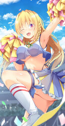 1girl absurdres alternate_costume armpits ass blonde_hair blue_shirt blue_skirt blue_sky blush braid breasts cheerleader cloud commentary_request confetti day grey_footwear highres kirisame_marisa kneehighs leg_up long_hair looking_at_viewer midriff multicolored_clothes multicolored_shirt multicolored_skirt navel no_headwear open_mouth pleated_skirt pom_pom_(cheerleading) shirt shiso_gohan shoes side_braid single_braid skirt sky sleeveless sleeveless_shirt smile sneakers socks solo sweat teeth thigh_strap touhou underboob upper_teeth_only very_long_hair white_shirt white_socks yellow_skirt