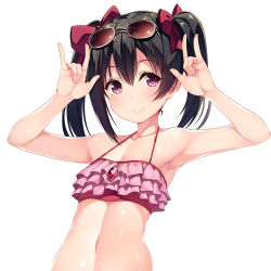 Rule 34 | 10s, 1girl, \m/, armpits, arms up, bare shoulders, bikini, black hair, blush, bow, double \m/, eyewear on head, frilled bikini, frills, gem, hair bow, halterneck, long hair, looking at viewer, love live!, love live! school idol project, navel, nico nico nii, red eyes, simple background, siva (executor), smile, solo, sunglasses, swimsuit, twintails, upper body, yazawa nico