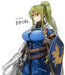 Rule 34 | 1girl, breasts, brown eyes, dragon&#039;s dogma, dragon&#039;s dogma (series), female focus, gloves, green hair, large breasts, long hair, original, perky breasts, ponytail, sachito, sheath, sheathed, shield, simple background, smile, solo, sword, weapon, white background