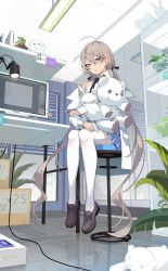Rule 34 | 1girl, absurdly long hair, ahoge, blue skirt, chair, grey eyes, grey hair, hair between eyes, hair ribbon, highres, holding, holding stuffed toy, icomochi, indoors, jacket, loafers, long hair, long sleeves, looking at viewer, low twintails, off shoulder, office chair, original, pantyhose, plant, pleated skirt, purple eyes, ribbon, shirt, shoes, sitting, skirt, sleeves past wrists, solo, stuffed animal, stuffed toy, swivel chair, teddy bear, twintails, very long hair, white jacket, white pantyhose