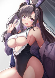 Rule 34 | 1girl, :d, absurdres, azur lane, bare shoulders, black hair, black leotard, blush, blush stickers, breasts, chibi, cleavage, commentary request, covered navel, curtains, fang, frilled leotard, frills, gradient background, grey background, groin, hair ornament, hairclip, hand up, highres, jacket, leotard, long hair, long sleeves, medium breasts, moyoron, multicolored hair, multiple girls, off shoulder, one eye closed, one side up, open clothes, open jacket, open mouth, pamiat merkuria (azur lane), peeking out, purple eyes, purple hair, purple jacket, smile, solo, two-tone hair, underboob, v, v-shaped eyebrows, very long hair, white background