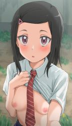 Rule 34 | 1girl, :o, black hair, breasts, breasts apart, clothes lift, fujii chisato, hair ornament, hairclip, highres, lifting own clothes, long hair, looking at viewer, major 2nd, necktie, nipples, no bra, pink eyes, red necktie, school uniform, shirt, shirt lift, short sleeves, sincos, small breasts, solo, striped necktie, striped neckwear, white shirt