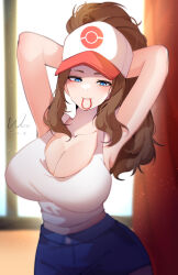 Rule 34 | 1girl, absurdres, alternate breast size, arms behind head, bare arms, baseball cap, blue eyes, blue shorts, blurry, breasts, brown hair, cleavage, commentary, creatures (company), curtains, eyelashes, game freak, hair tie in mouth, half-closed eyes, hat, highres, hilda (pokemon), indoors, large breasts, long hair, looking down, mouth hold, nintendo, poke ball print, pokemon, pokemon bw, shirt, shorts, sidelocks, sleeveless, sleeveless shirt, solo, weiic, white hat, white shirt, window