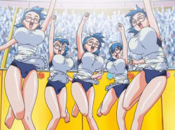 Rule 34 | 00s, 5girls, blue hair, breasts, crowd, curvy, eiken, closed eyes, glasses, huge breasts, jumping, multiple girls, open mouth, screencap
