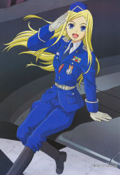 Rule 34 | 00s, 1girl, absurdres, aircraft, airplane, allison &amp; lillia, allison whittington, arm up, badge, belt, black legwear, blazer, blonde hair, blue eyes, boots, breasts, buttons, cross, floating hair, garrison cap, gloves, happy, hat, highres, iron cross, jacket, knee boots, long hair, long sleeves, looking at viewer, megami magazine, military, military uniform, narrow waist, necktie, non-web source, official art, outdoors, pants, pocket, salute, scan, seya shinji, shirt, sidelocks, sleeve cuffs, small breasts, smile, solo, swept bangs, uniform, very long hair, white gloves, wind