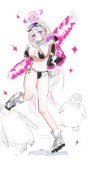 Rule 34 | awei (aweirua), bikini, bird, black bikini, blue archive, breasts, eimi (swimsuit) (blue archive), full body, goggles, halo, highres, jacket, large breasts, looking at viewer, penguin, pink hair, pink halo, pink jacket, shoes, standing, swimsuit, twitter, white background, white footwear