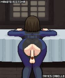 Rule 34 | 1girl, animated, animated gif, ass, bent over, bodysuit, brown hair, disembodied penis, doggystyle, highres, james cabello, kneeling, niijima makoto, penis, persona, persona 5, pixel art, sex, sex from behind, short hair, solo, testicles, torn bodysuit, torn clothes, vaginal