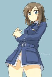 Rule 34 | 1girl, artist name, belt, blue eyes, brown hair, cecilia e harris, cowboy shot, emblem, from below, highres, looking at viewer, looking down, makaze (t-junction), panties, pantyshot, short hair, simple background, solo, standing, strike witches, twitter username, underwear, uniform, white panties, world witches series