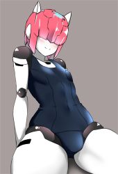 Rule 34 | 1boy, android, blush, bulge, hair over eyes, joints, male focus, one-piece swimsuit, pink hair, robot joints, robot neoanthropinae polynian, school swimsuit, shamrock (polynian), solo, swimsuit, trap, tuto (nonokuro-psyche-delic)