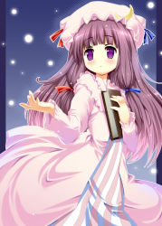 Rule 34 | 1girl, blunt bangs, blush, book, female focus, hat, light particles, long hair, open hand, patchouli knowledge, pikazo, purple eyes, purple hair, robe, snowing, solo, striped, touhou
