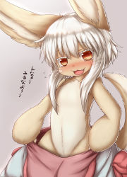 Rule 34 | 1other, :3, animal ears, animal hands, baggy pants, blush, blush stickers, body fur, brown eyes, brown fur, clothes pull, collarbone, colored eyelashes, cowboy shot, embarrassed, fang, furry, grey background, highres, horizontal pupils, horokusa (korai), japanese text, long hair, looking at viewer, made in abyss, nanachi (made in abyss), nervous smile, nose blush, open mouth, other focus, pants, pants pull, pouch, sidelocks, simple background, smile, solo, standing, sweat, tail, talking, topless, translated, two-tone fur, undressing, whiskers, white hair